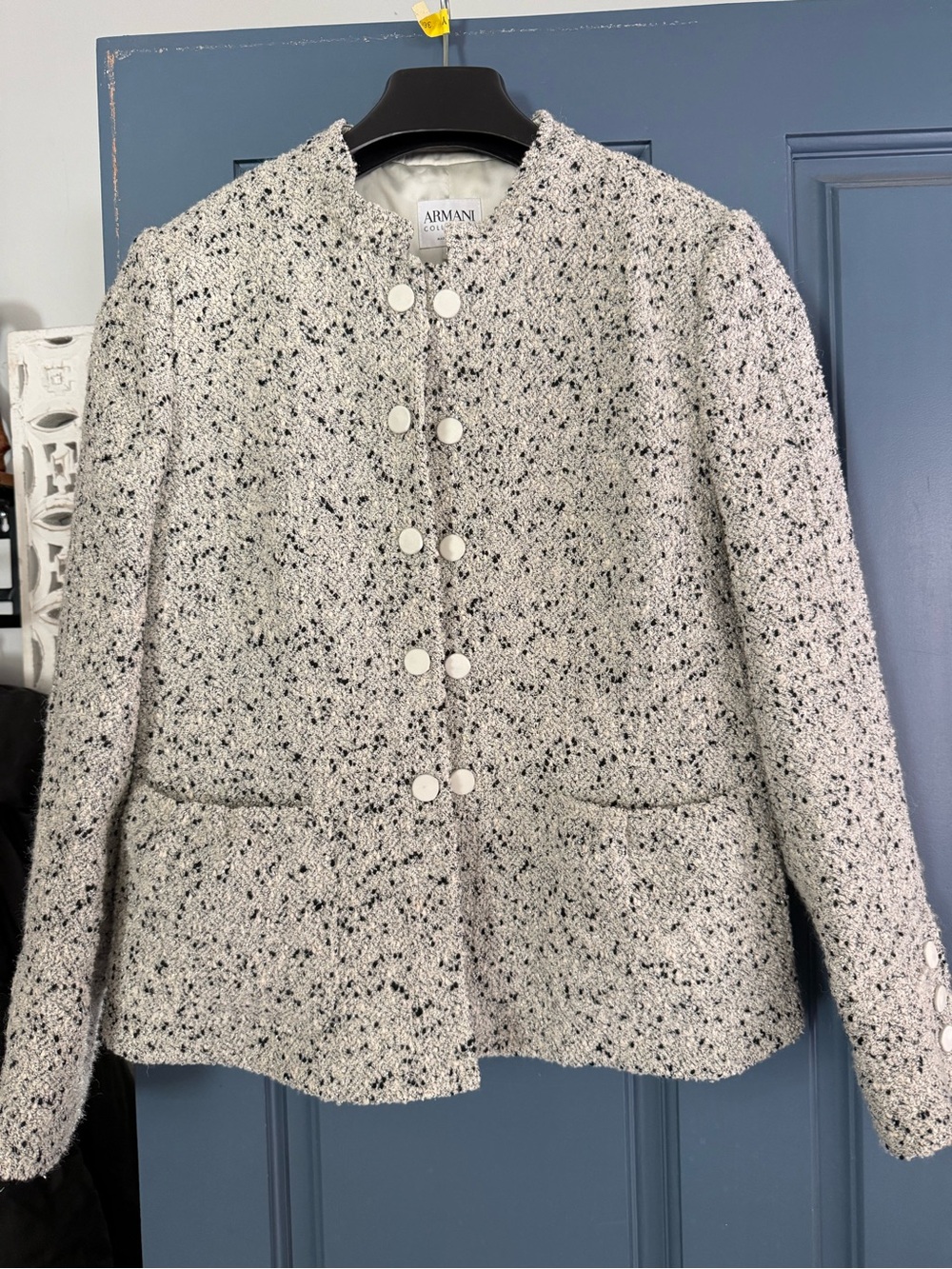 Armani Collezioni White and Black Speckled Tweed Button Front Jacket.
